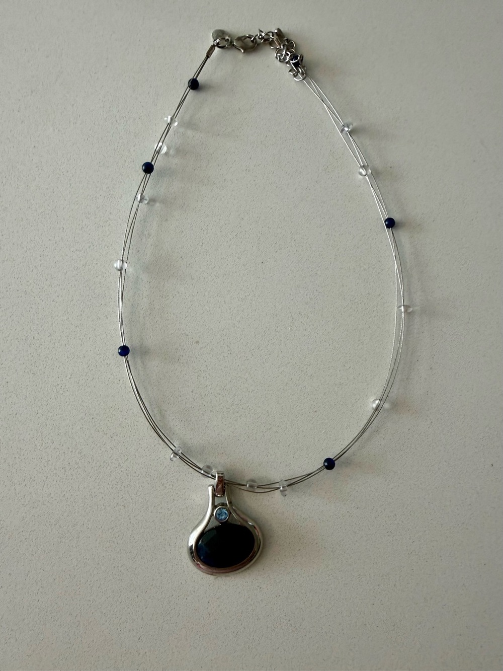 Lia Sophia Silver Wire Necklace with Navy Blue Pendant and Accent Stone